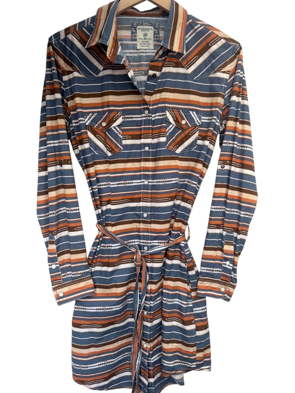 Panhandle Rough Stock Blue Self-Tie Belt Striped Dress Cotton Women's Medium